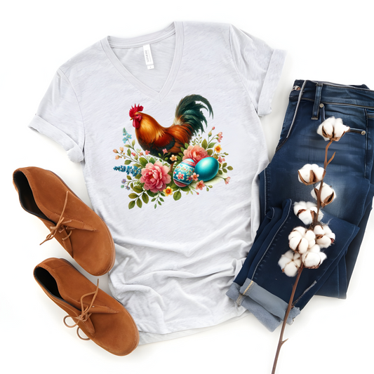 Copper Rooster Florals and Easter Eggs Premium Unisex V-Neck T-shirt White