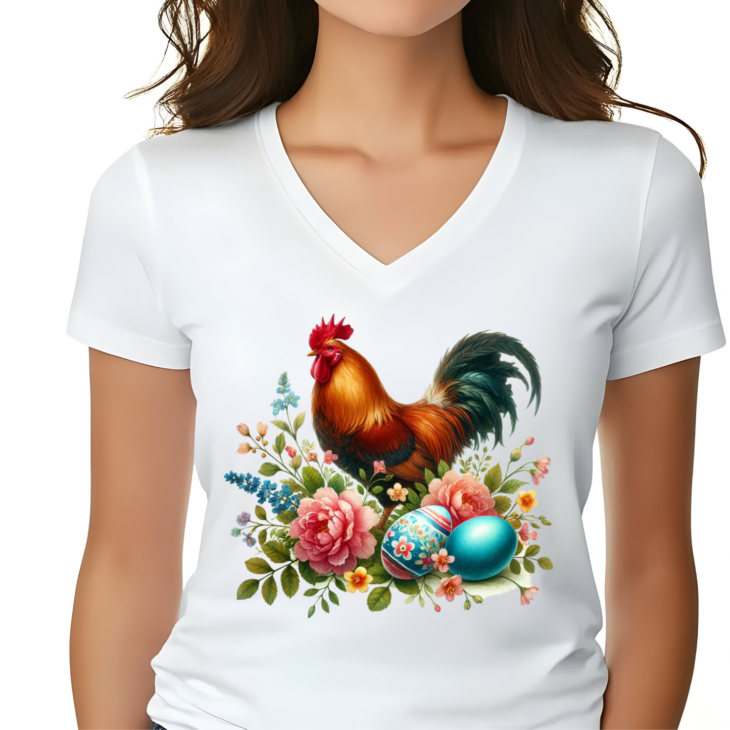 Copper Rooster Florals and Easter Eggs Premium Unisex V-Neck T-shirt White