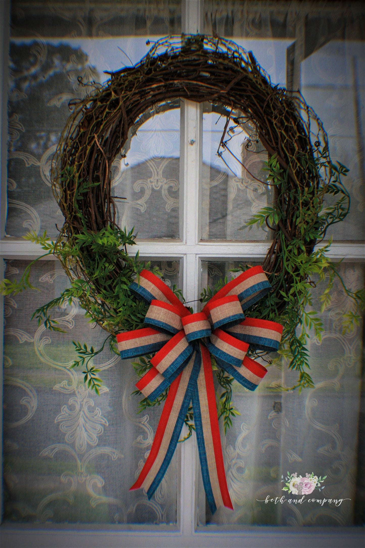 Patriotic Theme Linen Wreath Bow, Red Natural and Blue Wired Linen Wreath Bow, Linen Wreath Bow, Memorial Day Bow, Farmhouse Wreath Bow