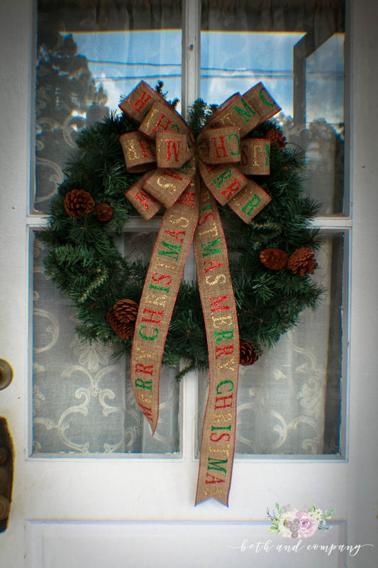 Large Merry Christmas Farmhouse Wreath Bow, Thin Profile Bow, Rustic Wreath Bow, Mailbox Swag Bow, Holiday Decorations