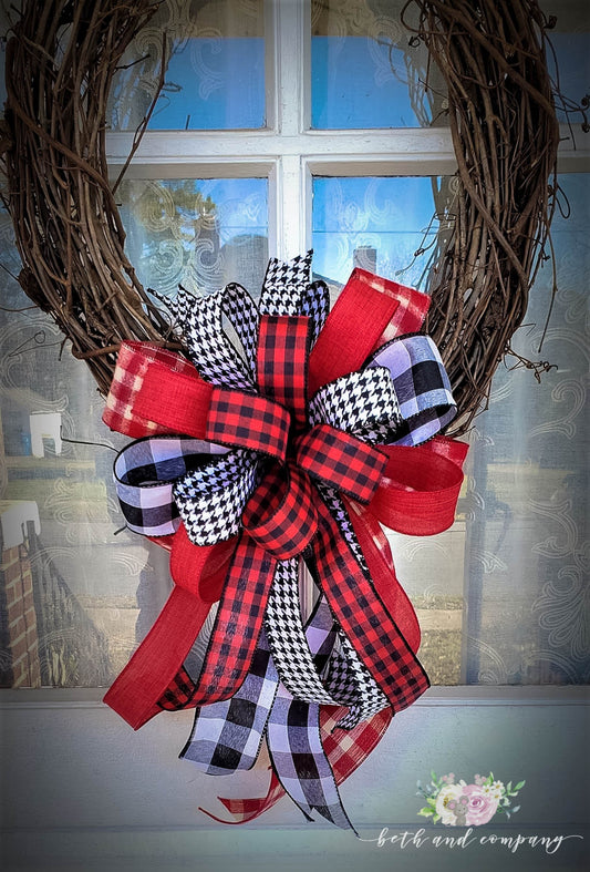 Red, White and Black Wreath Bow, Buffalo Plaid Decor for front door, Farmhouse Christmas Bow