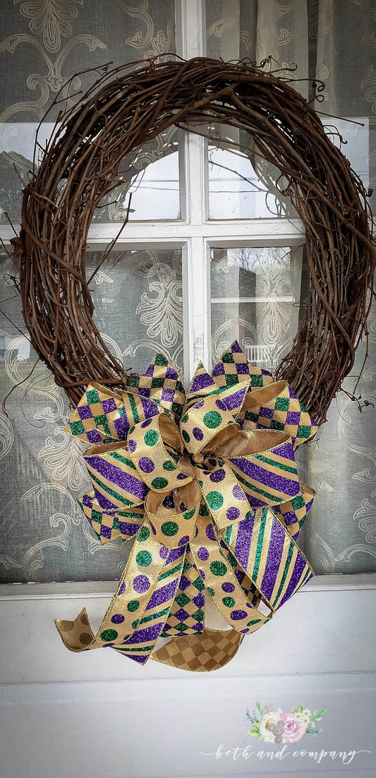 Mardi Gras Wreath Bow, Luxurious Mardi Gras Wreath Bow, Mardi Gras Decor for front door, Purple, Green and Gold wreath bow