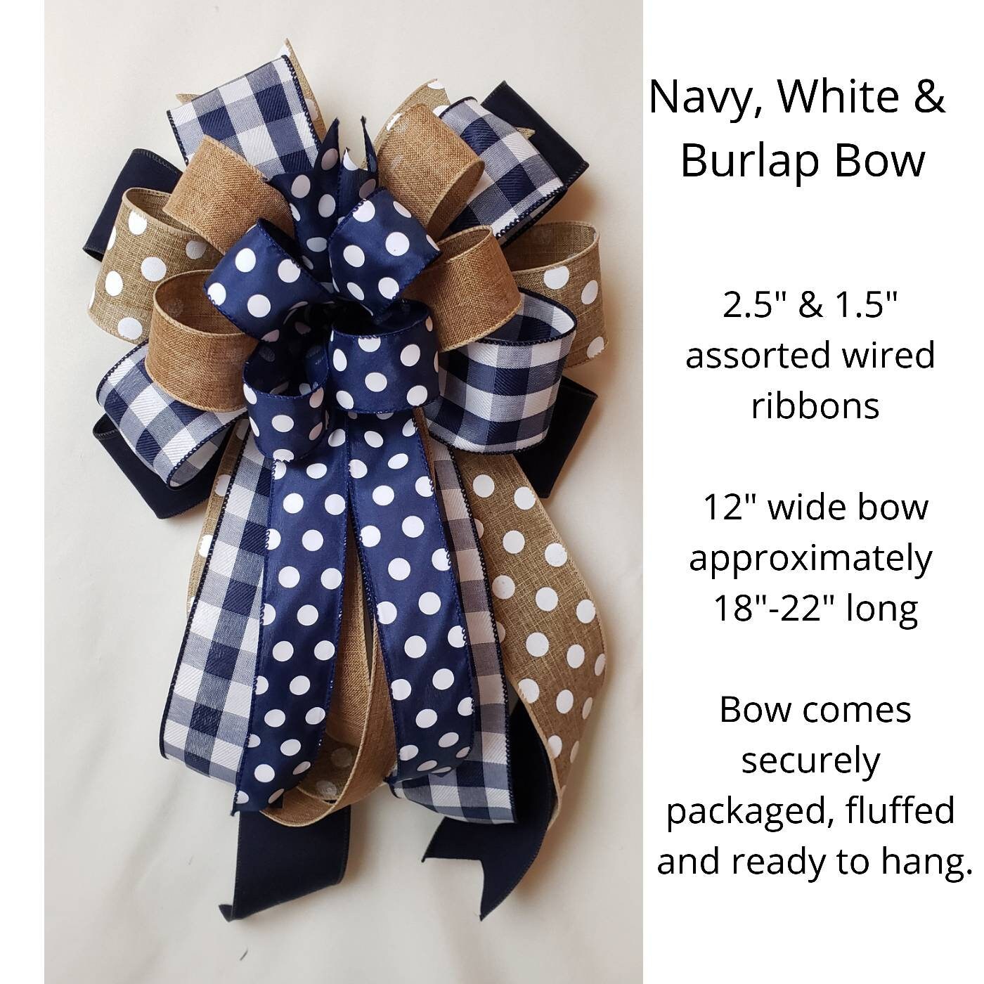 Navy Blue Burlap Wreath Bow - 10 Wide, 18 Long Tails, Fall, Christmas,  Veteran's Day, 4th of July 
