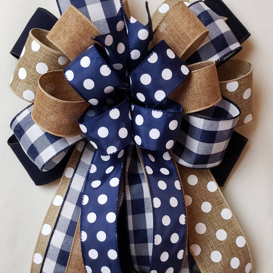 Navy and Burlap Bow, Summer to Fall Wreath Mixed Ribbon Bow, Fall Wreath Bows