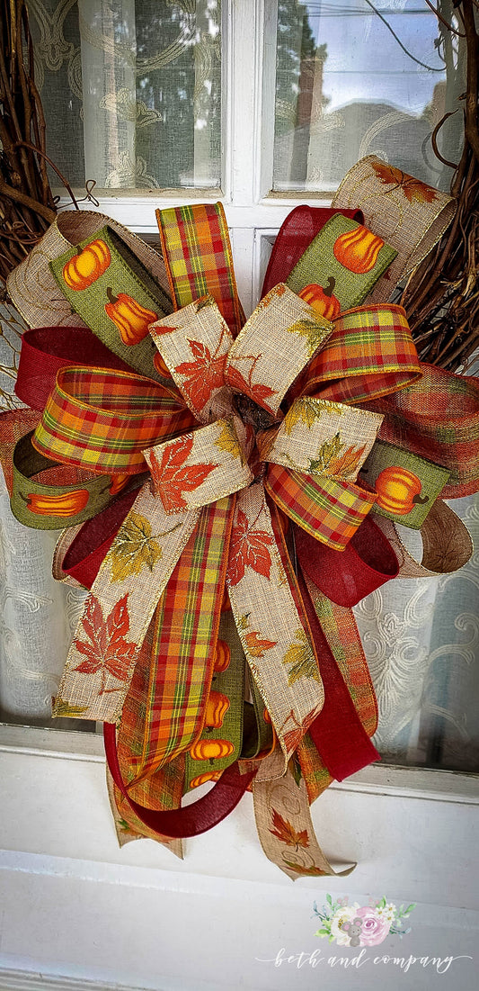 Large Fall Wreath or Mailbox Bow, Fall Mixed Ribbon Bow