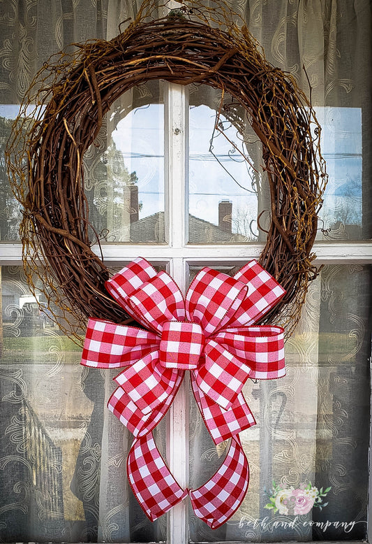 Red and White Buffalo Plaid Valentine Wreath Bow, Thin Profile Bow, Valentine Bows