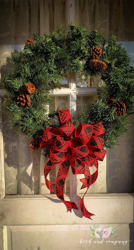 Red and Black Diagonal Plaid Wreath Bow, Farmhouse Christmas Wreath Bow