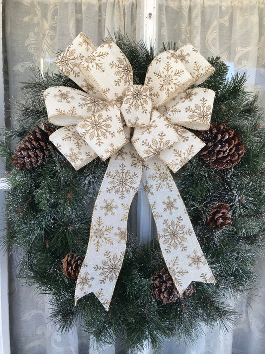 Gold Snowflake Christmas wreath bow, 12” Christmas bow