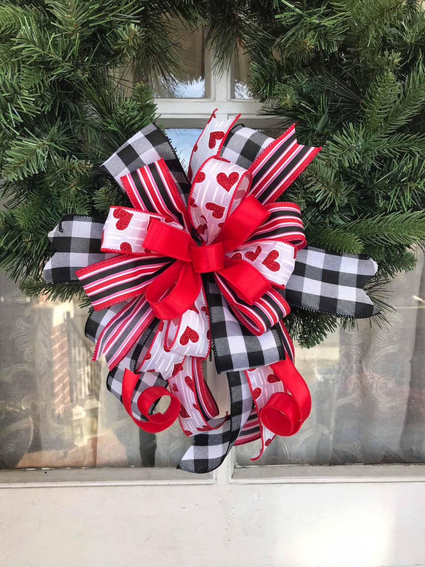 Valentine's Day Wreath Bow, Mixed Ribbon Buffalo Plaid Bow