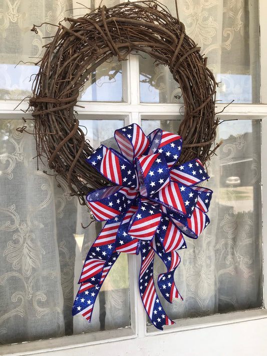 Patriotic Bow, 10 Inch Round Fourth of July Bow, Glitter Red White and Blue Bow, 1.5” width wired ribbon, Flag Day