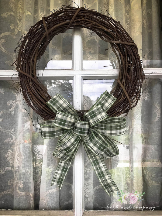 Moss Green Plaid Bow, Farmhouse Plaid Wreath Bow, Homespun Plaid