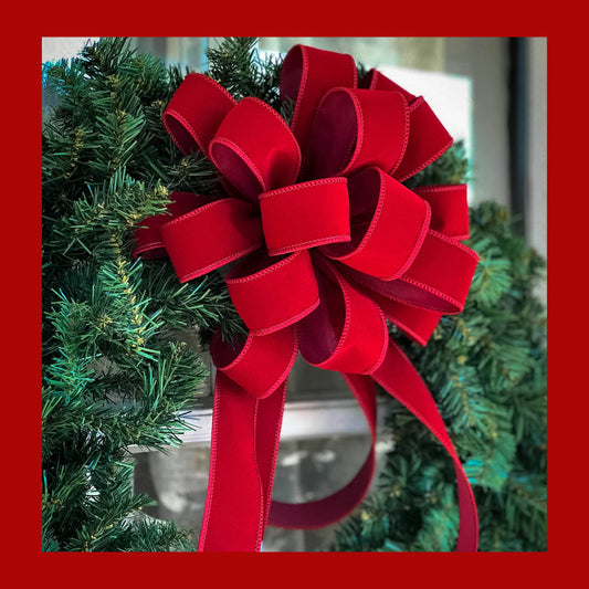 INDOOR/OUTDOOR Red Velvet Christmas wreath bow, Red or Scarlet Red, 1.5" width wired red velvet